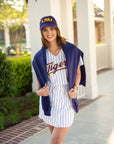 LSU woman fan in baseball jersey dress